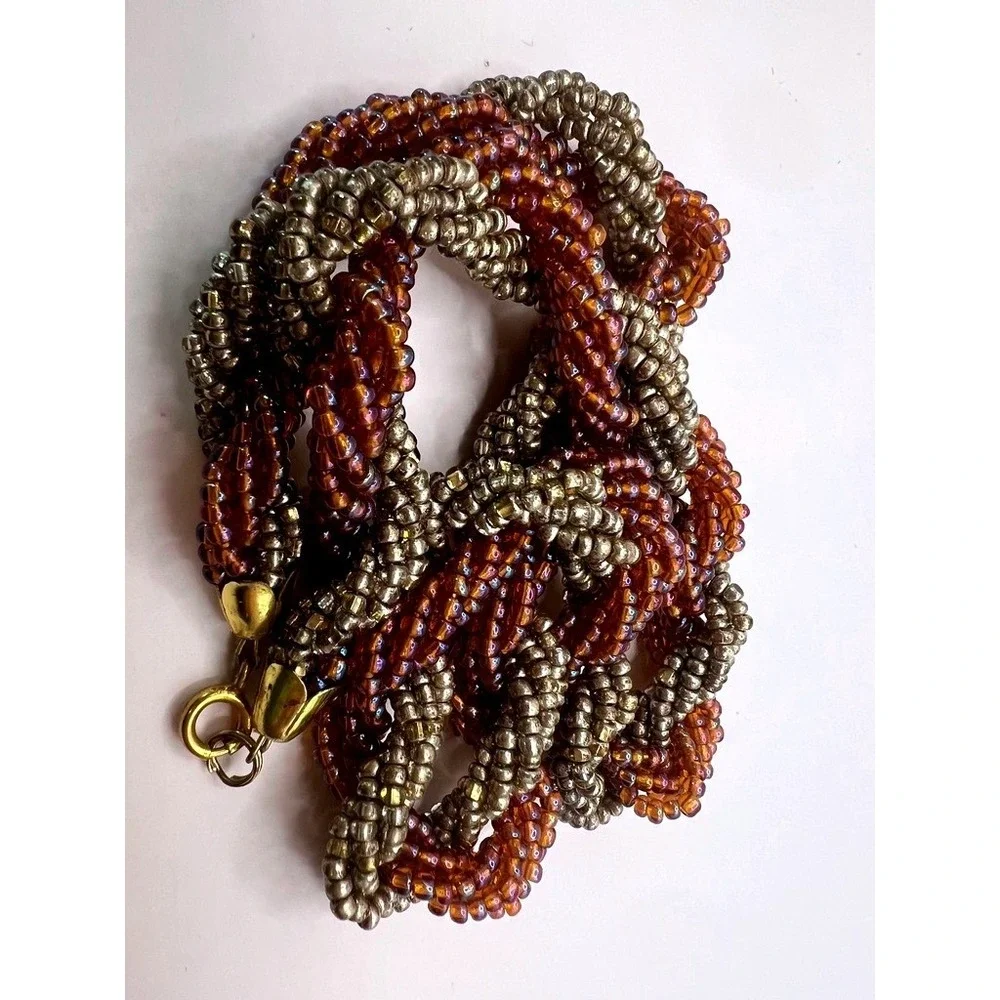 Vintage Necklace Twisted Glass Seed Bead Amber Iridescent Multi Strand Statement